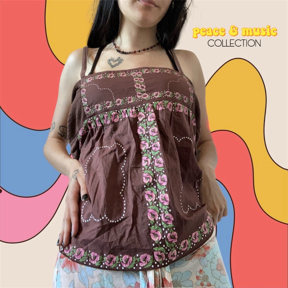 Vintage Y2k Boho Free People Floral Toe Tank Top in Brown